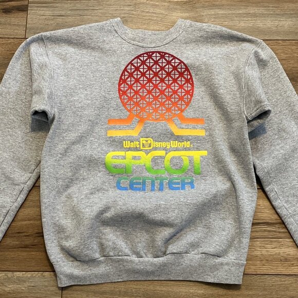 Disney World Parks Epcot Center Sweatshirt SZ Small Gray Rainbow Spaceship Earth - Picture 2 of 8